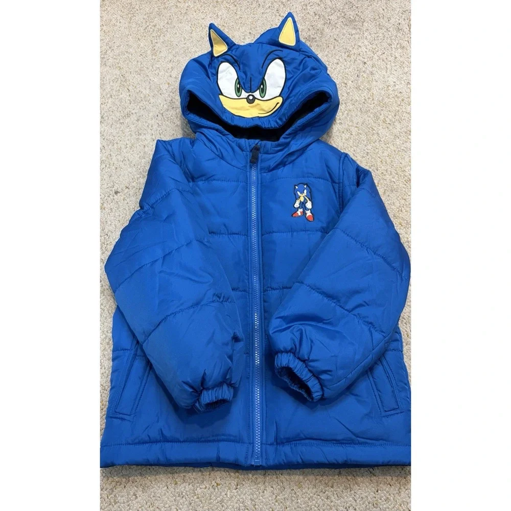 Sonic The Hedgehog Puffer Jacket Kids L/7 Blue Hooded Coat Sega Gamer Outdoor